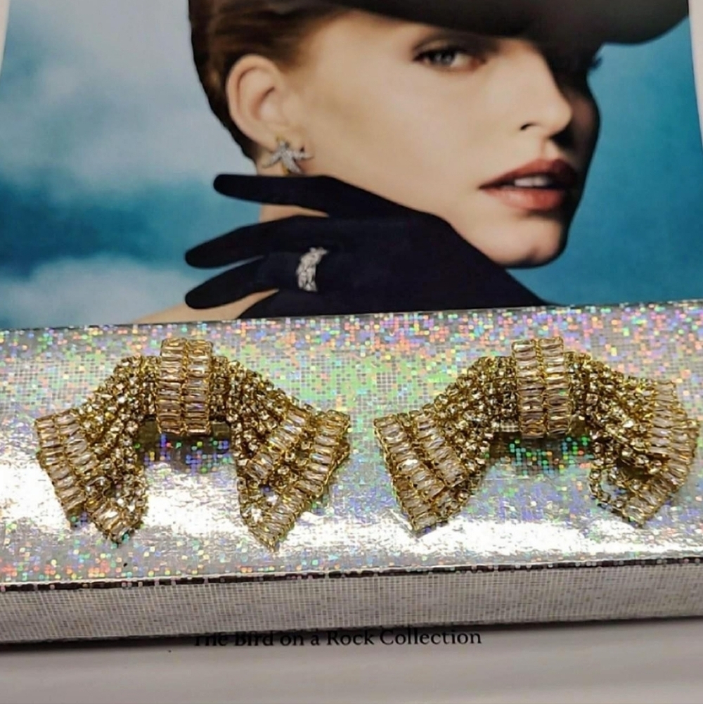 Estate AB Luxury Palace Chic Crystal Exaggerated Bow Gold Dangle Earrings - Picture 6 of 15